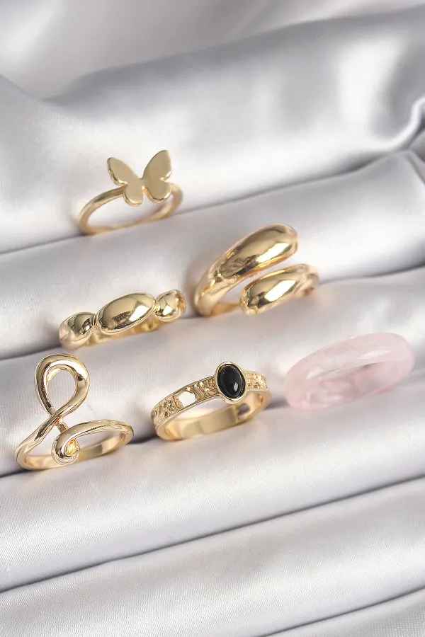 Pirinç Gold Renk Kelebek Figür Sarmal Model 6'Lı Kadın Yüzük Seti