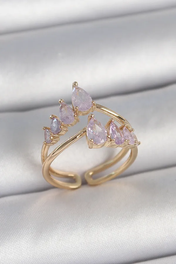 Pirinç Gold Renk Mor Damla Zirkon Taşlı Taç Model Kadın Yüzük