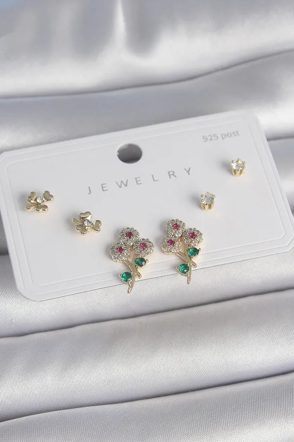 Pirinç Gold Renk Renkli Zirkon Taşlı Çiçek Model Yaprak Detay 925 Ayar Gümüş Çivi Kadın Küpe Seti