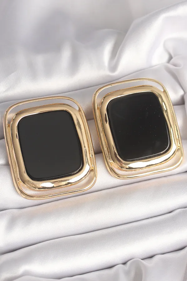 Pirinç Gold Renk Siyah Mineli Kare Model Kadın Küpe