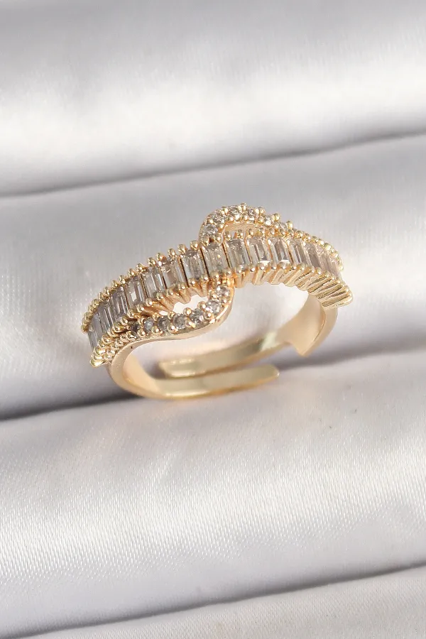 Pirinç Gold Renk Su Yolu Zirkon Taşlı Ayarlanabilir Model Kadın Yüzük