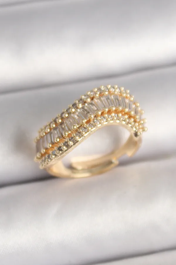 Pirinç Gold Renk Su Yolu Zirkon Taşlı Dalga Model Ayarlanabilir Kadın Yüzük