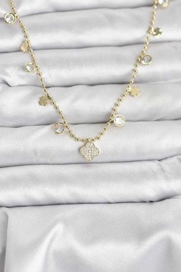 Pirinç Gold Renk Yonca Model Kadın Kolye