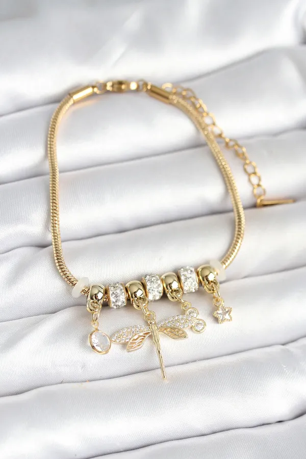 Pirinç Gold Renk Yusufçuk Charmlı Kadın Bileklik