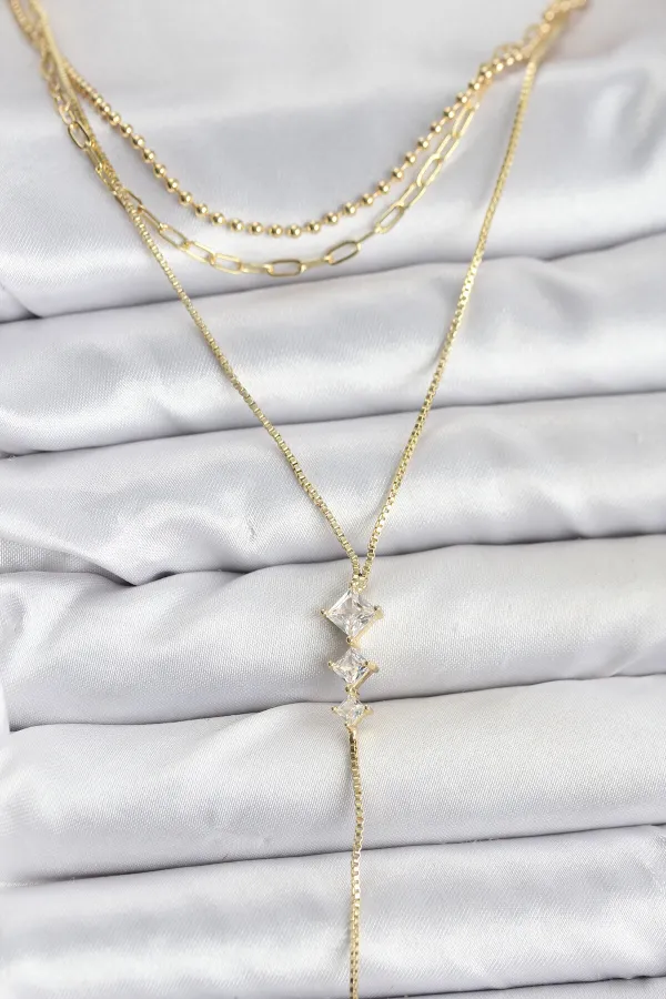 Pirinç Gold Renk Zirkon Taş Detaylı 3'lü Kombin Y Kadın Kolye