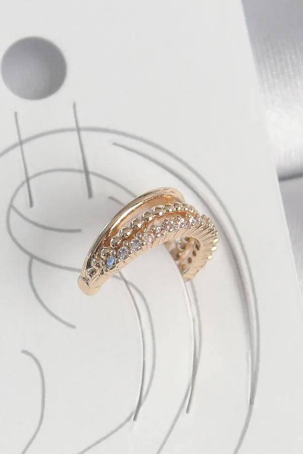 Pirinç Gold Renk Zirkon Taşlı 3'Lü Sıralı Model Kadın Kıkırdak Küpe