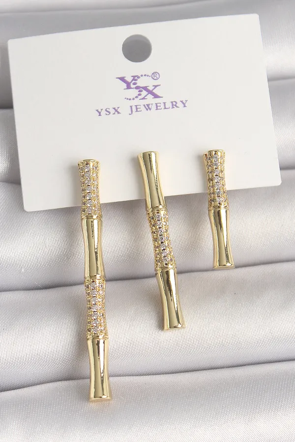 Pirinç Gold Renk Zirkon Taşlı Bambu Model 3'Lü Kadın Kombin Küpe