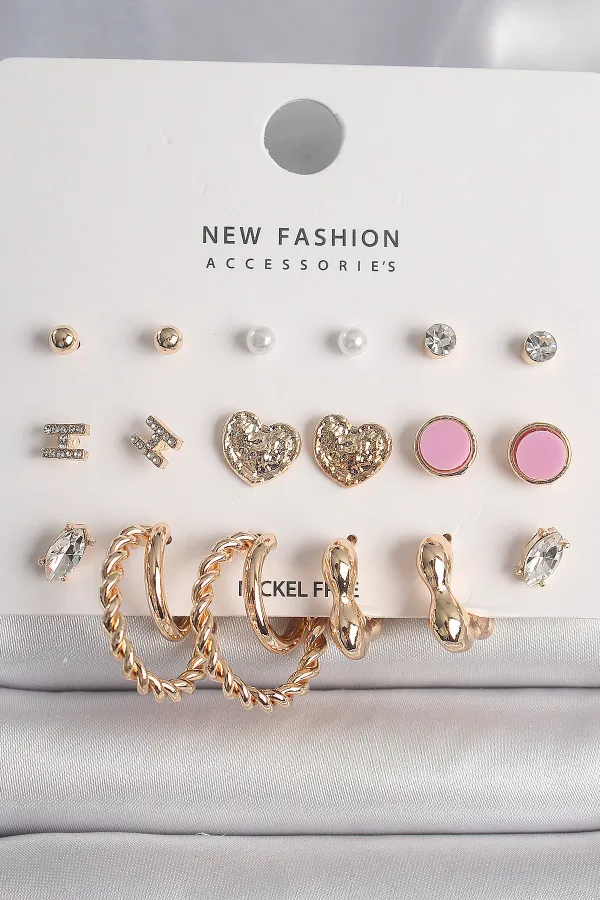 Pirinç Gold Renk Zirkon Taşlı Burug Halka Model İşlemeli Kalp Detay 9 Çift Kadın Küpe Seti