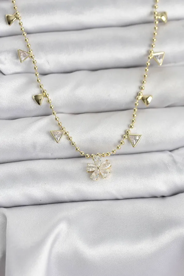 Pirinç Gold Renk Zirkon Taşlı Çiçek Model Kadın Kolye