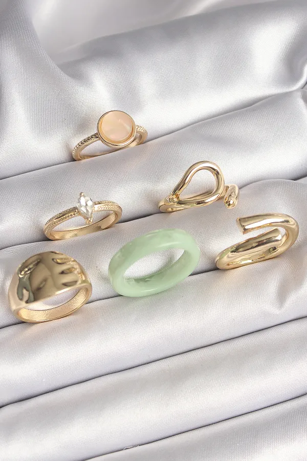 Pirinç Gold Renk Zirkon Taşlı Daire Pembe Mineli Detay 6'Lı Kadın Yüzük Seti