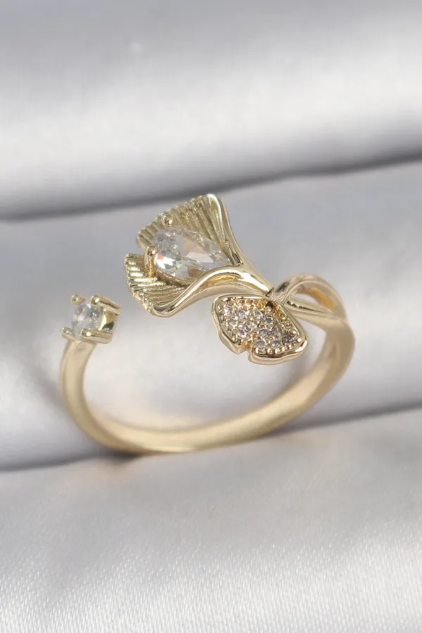 Pirinç Gold Renk Zirkon Taşlı Deniz Kabuğu Model Ayarlanabilir Kadın Yüzük