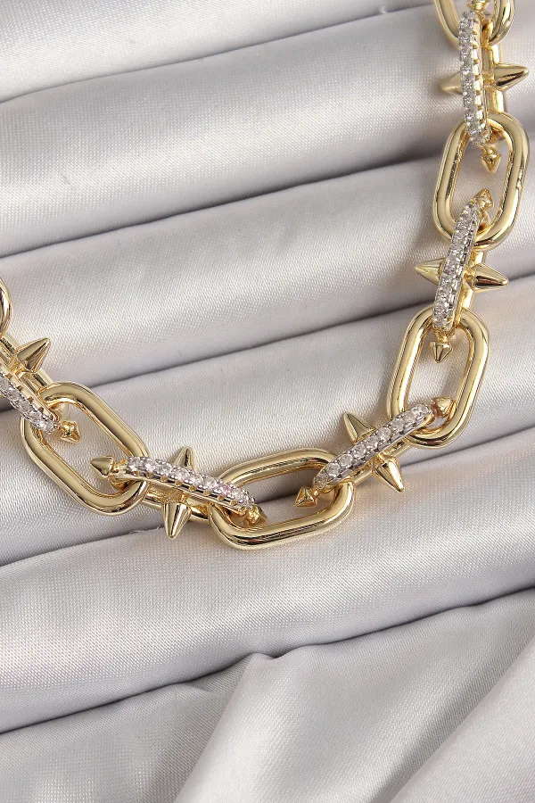 Pirinç Gold Renk Zirkon Taşlı Dikenli Halka Model VIP Exculusive Seri Kadın Kolye