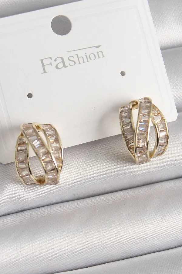 Pirinç Gold Renk Zirkon Taşlı Düğüm Halka Model Kadın Küpe