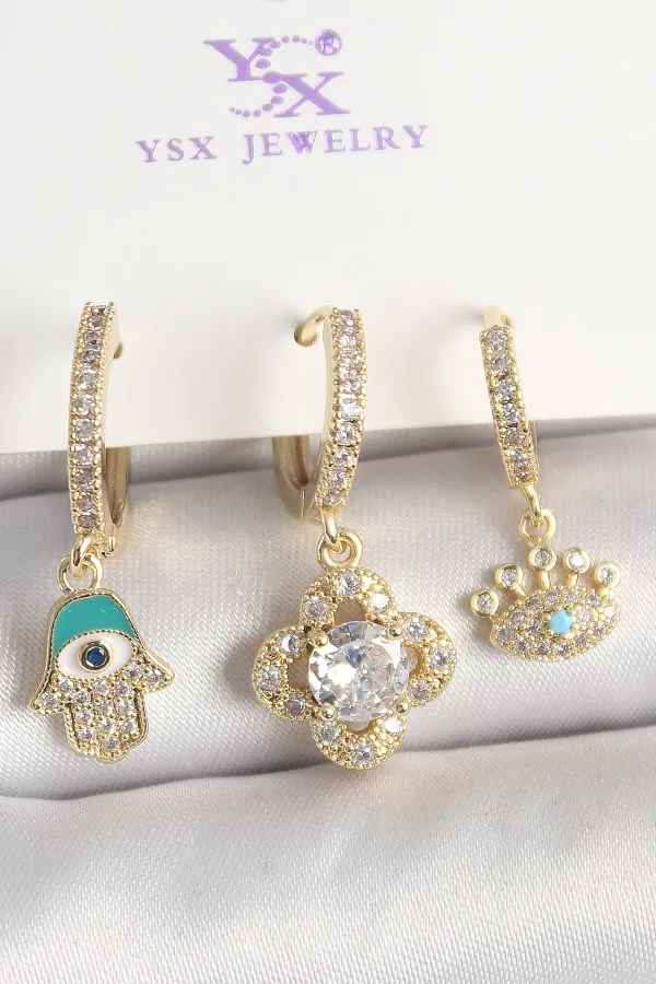 Pirinç Gold Renk Zirkon Taşlı Fatma Ana El Yonca Figür Göz Detay 3'Lü Kadın Kombin Küpe