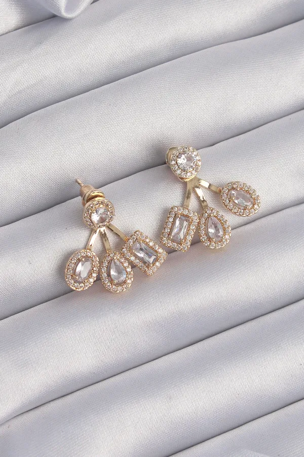 Pirinç Gold Renk Zirkon Taşlı Geometrik Model Küpe