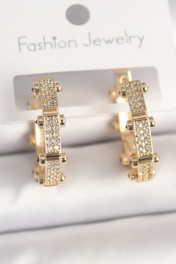 Pirinç Gold Renk Zirkon Taşlı Halka Model Kadın Küpe