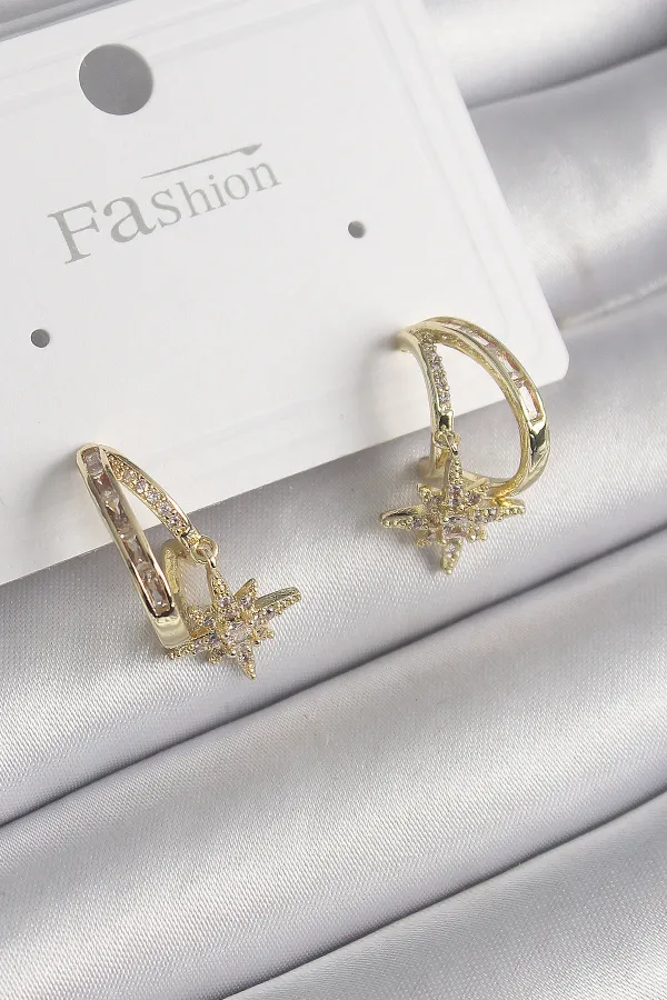 Pirinç Gold Renk Zirkon Taşlı Halka Model Yıldız Detay Kadın Küpe