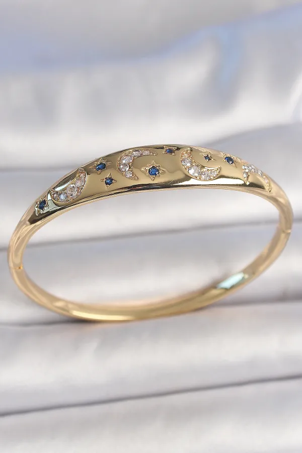 Pirinç Gold Renk Zirkon Taşlı Hilal İşleme Mavi Taşlı Yıldız Detay Kadın Kelepçe
