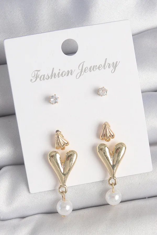 Pirinç Gold Renk Zirkon Taşlı İncili Sallantılı Kalp Model 3 Çift Kadın Küpe Seti