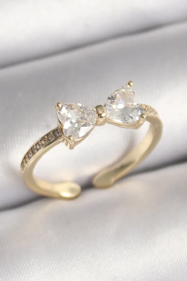 Pirinç Gold Renk Zirkon Taşlı Kalp Fiyonk Model Kadın Yüzük