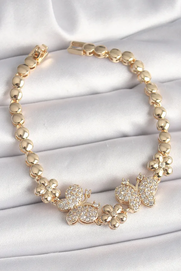 Pirinç Gold Renk Zirkon Taşlı Kelebek Figür Çiçek Zincir Model Kadın Bileklik