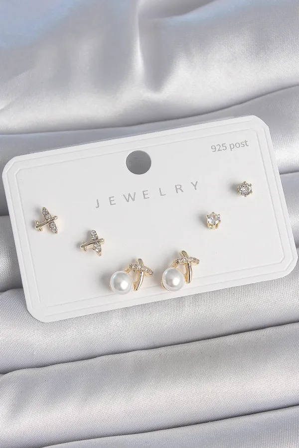 Pirinç Gold Renk Zirkon Taşlı Kelebek Model İnci Detay 925 Ayar Gümüş Çivi Kadın Küpe Seti