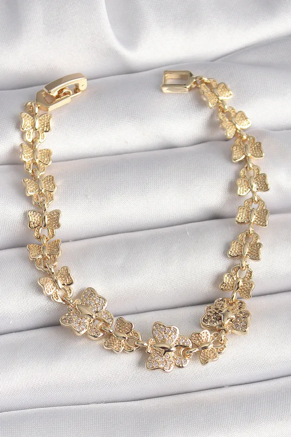 Pirinç Gold Renk Zirkon Taşlı Kelebek Model Zincir Kadın Bileklik