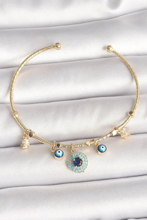 Pirinç Gold Renk Zirkon Taşlı Nazar Boncuk Detay Charm Kadın Bileklik
