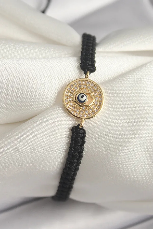 Pirinç Gold Renk Zirkon Taşlı Nazar Boncuk İşleme Makrome Asansörlü Model Kadın Bileklik