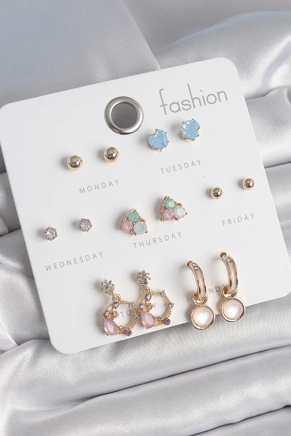 Pirinç Gold Renk Zirkon Taşlı Sallantı Halka Figür Kalp Detay 7 Çift Kadın Küpe