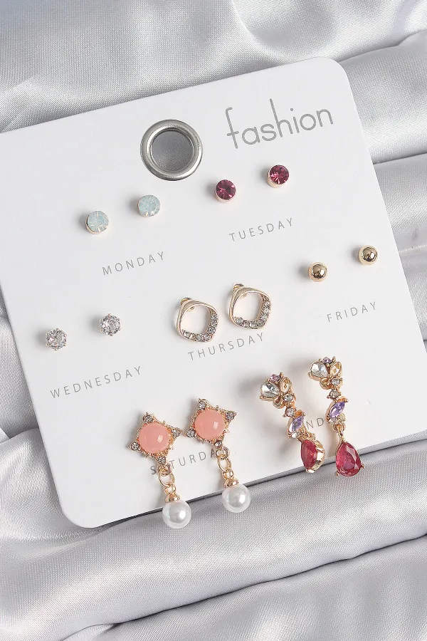 Pirinç Gold Renk Zirkon Taşlı Sallantı İnci Detay 7 Çift Kadın Küpe