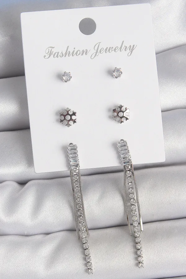 Pirinç Gold Renk Zirkon Taşlı Sallantılı Çiçek Detay 3 Çfit Kadın Küpe Seti