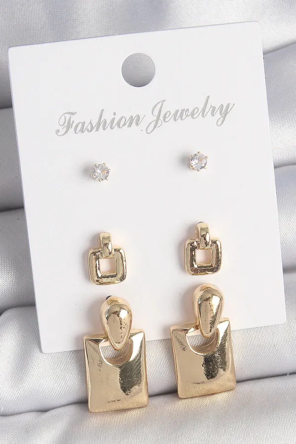 Pirinç Gold Renk Zirkon Taşlı Sallantılı Kare Model 3 Çift Kadın Küpe Seti