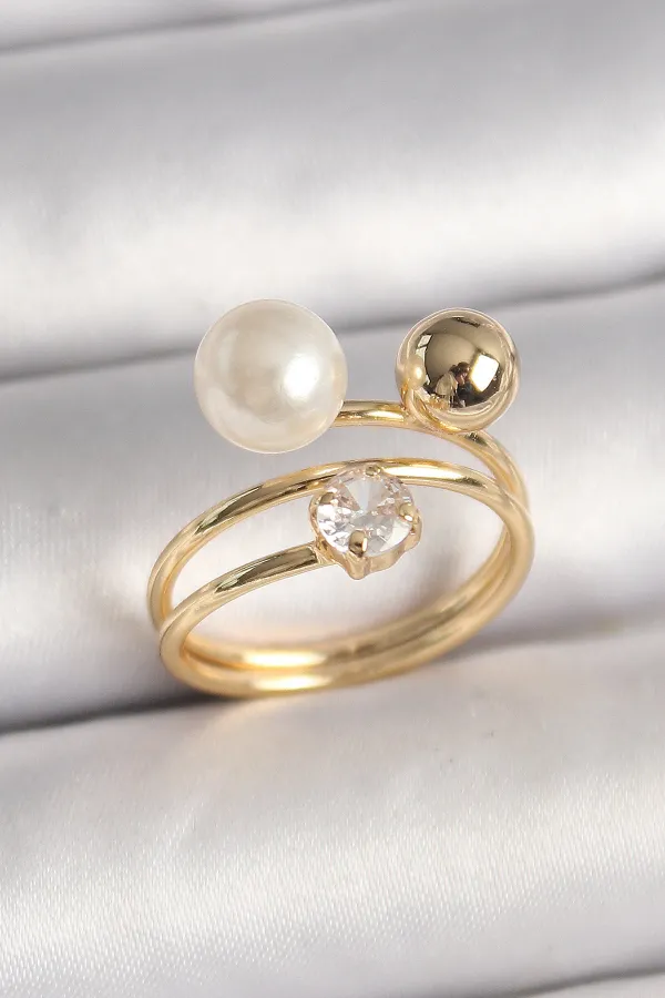 Pirinç Gold Renk Zirkon Taşlı Top İnci Model Kadın Yüzük