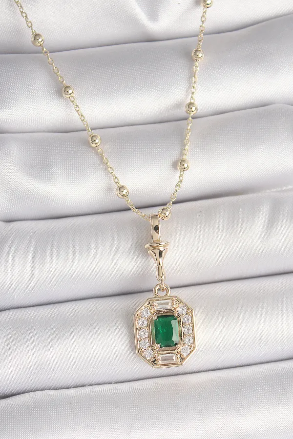 Pirinç Gold Renk Zirkon Taşlı Topçuk Zincir Serenay Model Kadın Kolye