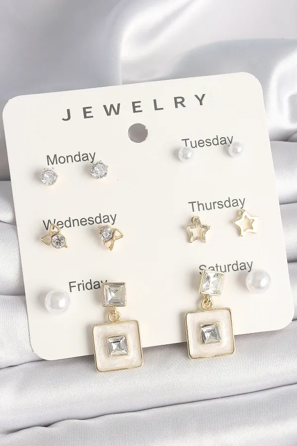 Pirinç Gold Renk Zirkon Taşlı Yıldız Figür Sallantı Beyaz Mineli Model 7'Li Kadın Küpe Seti