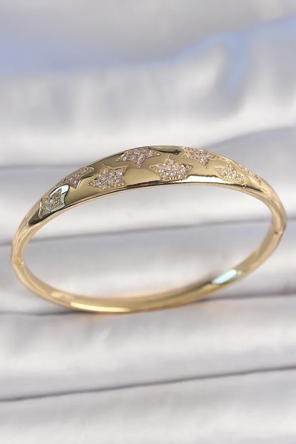 Pirinç Gold Renk Zirkon Taşlı Yıldız İşlemeli Kadın Kelepçe