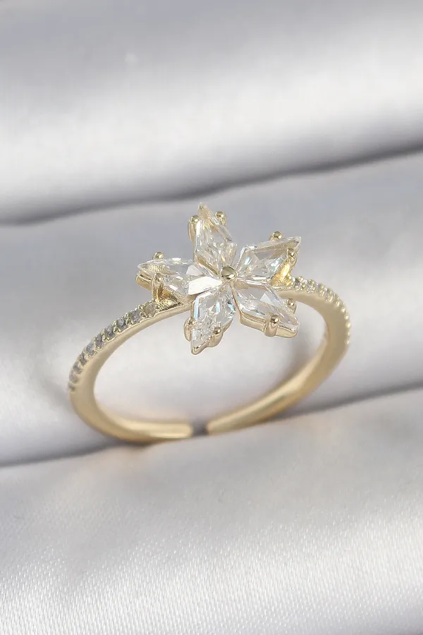 Pirinç Gold Renk Zirkon Taşlı Yıldız Model Ayarlanabilir Kadın Yüzük