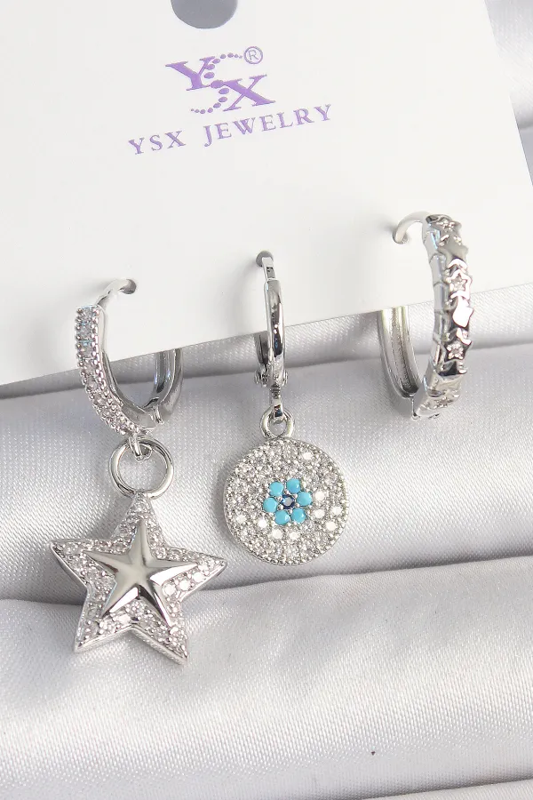 Pirinç Gold Renk Zirkon Taşlı Yıldız Model Nazar Boncuk Detay 3'Lü Kadın Kombin Küpe