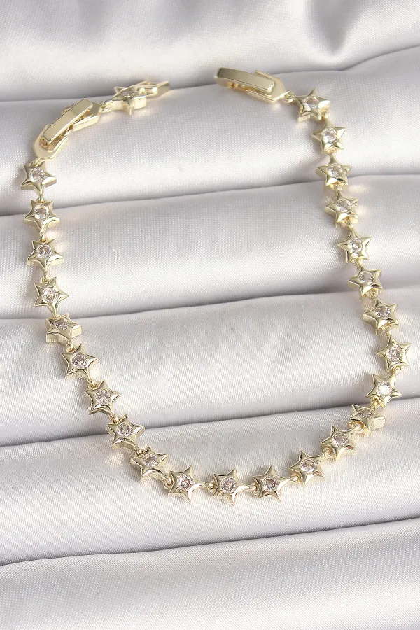 Pirinç Gold Renk Zirkon Taşlı Yıldız Model VIP Seri Kadın Bileklik