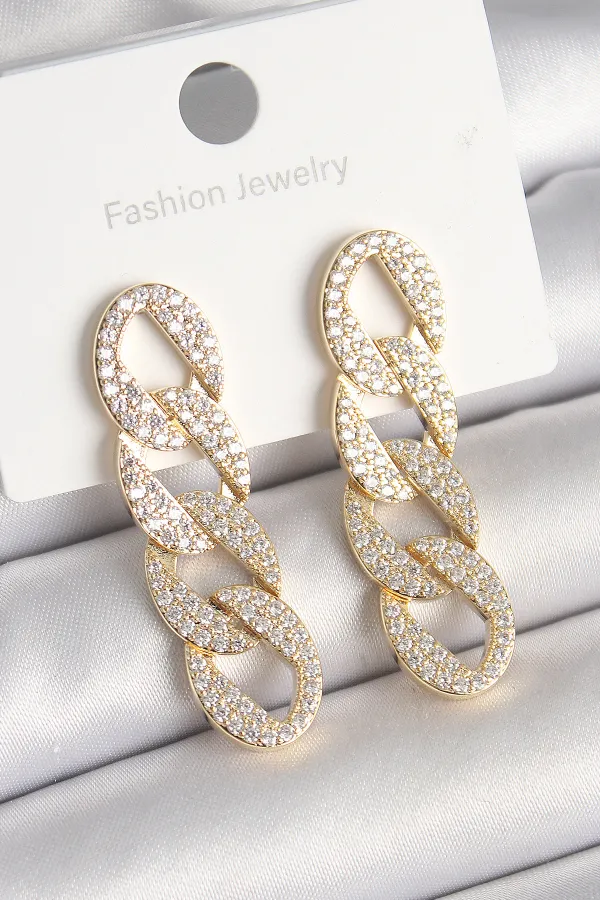 Pirinç Gold Renk Zirkon Taşlı Zincir Model Kadın Küpe