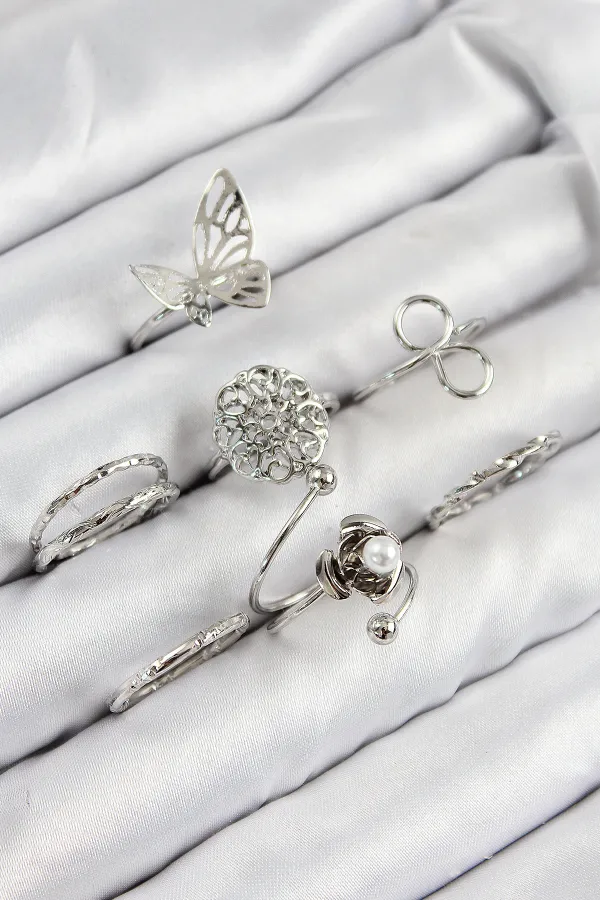 Pirinç Gül Kelebek Model Gümüş Renk Kadın Yüzük Kombin Set