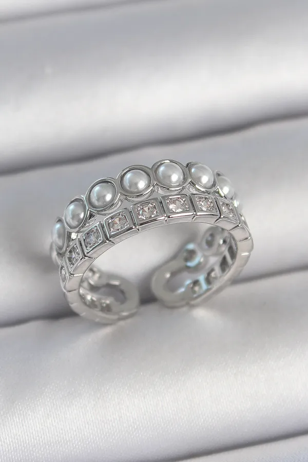 Pirinç Gümüş Renk 2'Li Sıra Zirkon Taşlı Ve İncili Ayarlanabilir Kadın Yüzük