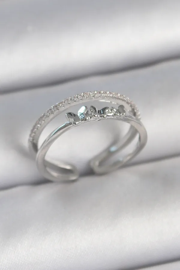 Pirinç Gümüş Renk 2'Li Zirkon Taş Detaylı Kelebek Figür Ayarlanabilir Model Kadın Yüzük