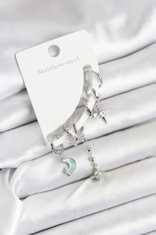 Pirinç Gümüş Renk Ay Model Kadın Set Küpe