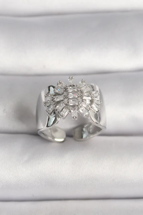 Pirinç Gümüş Renk Ayarlanabilir Baget Zirkon Taş Model Kadın Yüzük