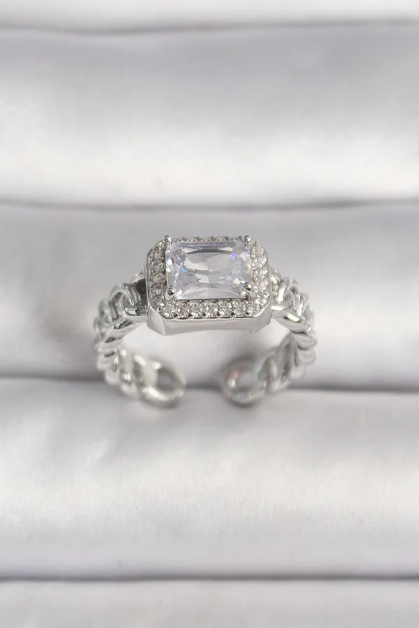 Pirinç Gümüş Renk Ayarlanabilir Zincir Kare Zirkon Taşlı Kadın Yüzük