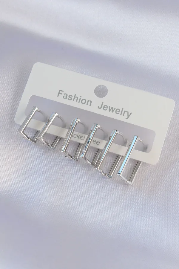 Pirinç Gümüş Renk Dikdörtgen Model Küpe Seti