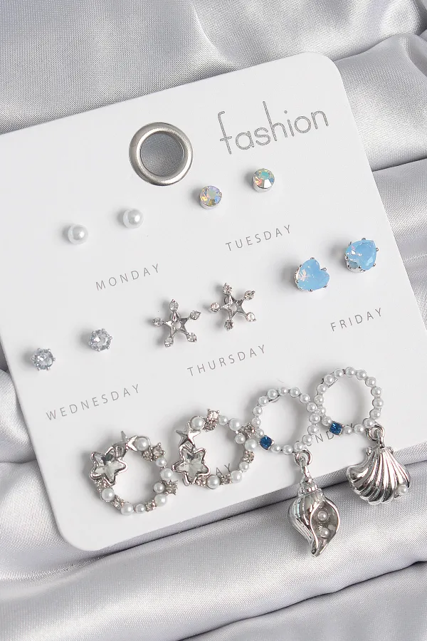 Pirinç Gümüş Renk İncli Zirkon Taşlı Halka Figür Yıldız Detay 7 Çift Kadın Küpe Seti