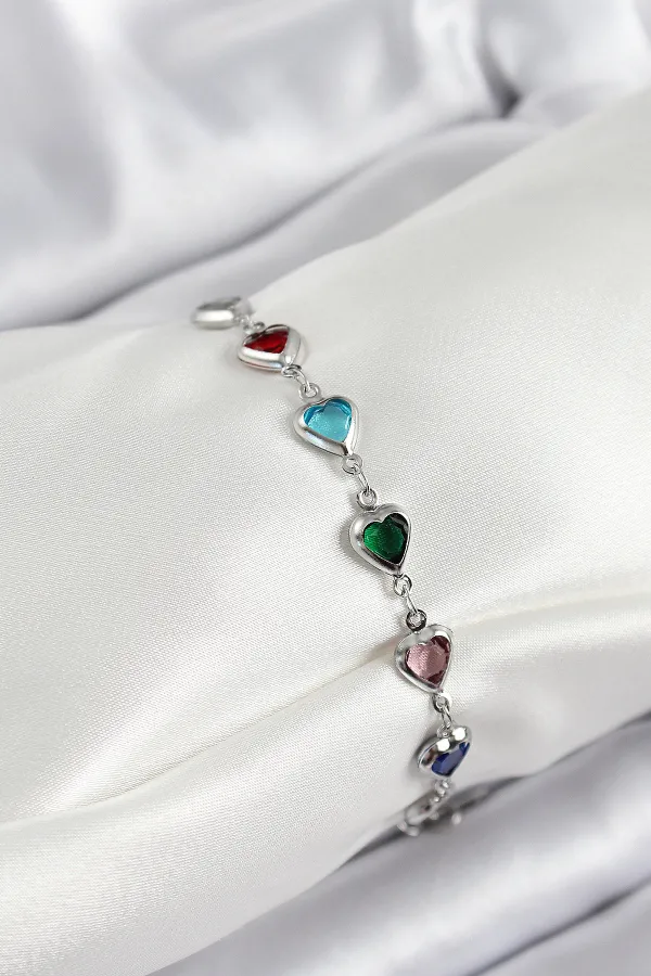 Pirinç Gümüş Renk Karışık Renk Kalp Zirkon Taşlı Kadın Bileklik